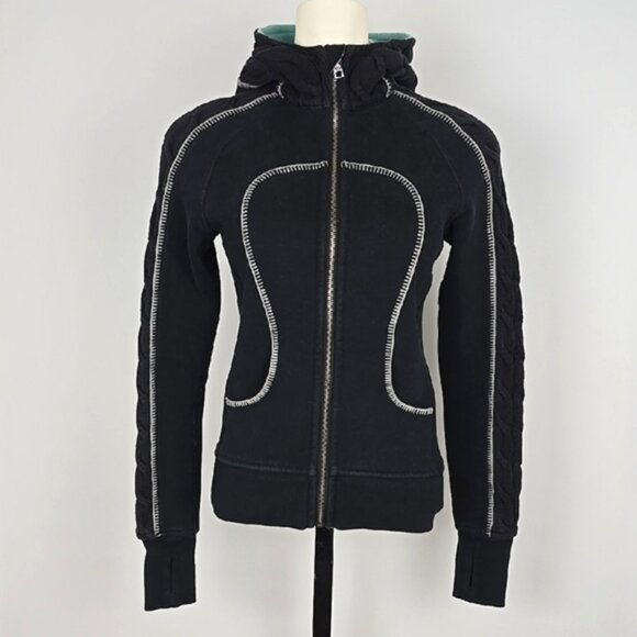 Lululemon Scuba Hoodie Black Full Zip Black Teal Cable Knit Fleece Lined Size 4 - Picture 2 of 15